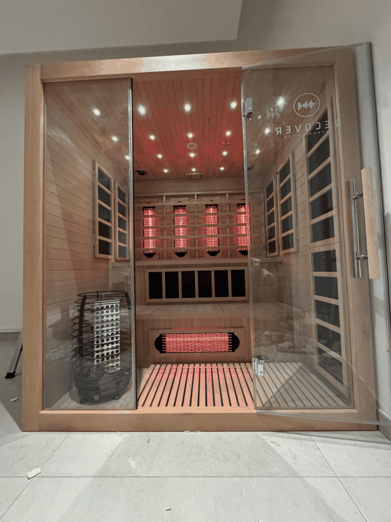 Indoor Hybrid Sauna – Full Spectrum Infrared & 6kW Traditional Stove