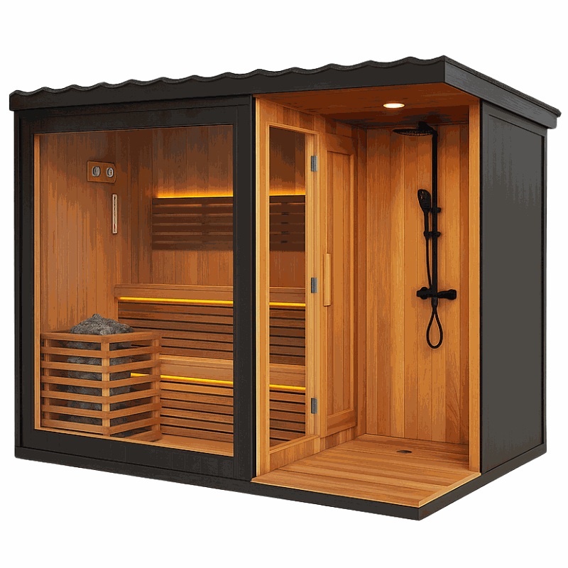 outdoor sauna with shower
